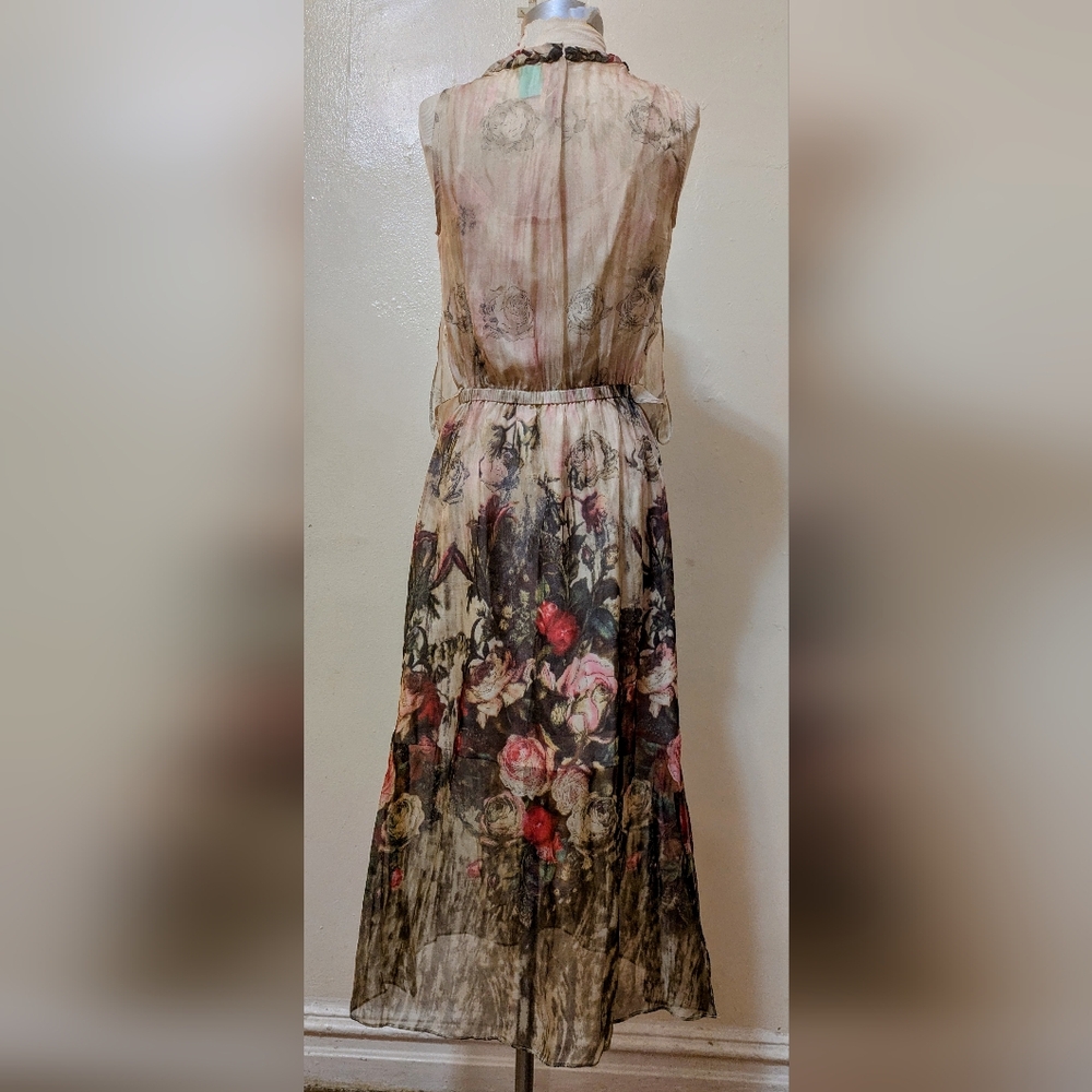 Queen Mulock Floral Silk Midi Rose Print Dress - Size S - Picture 11 of 14